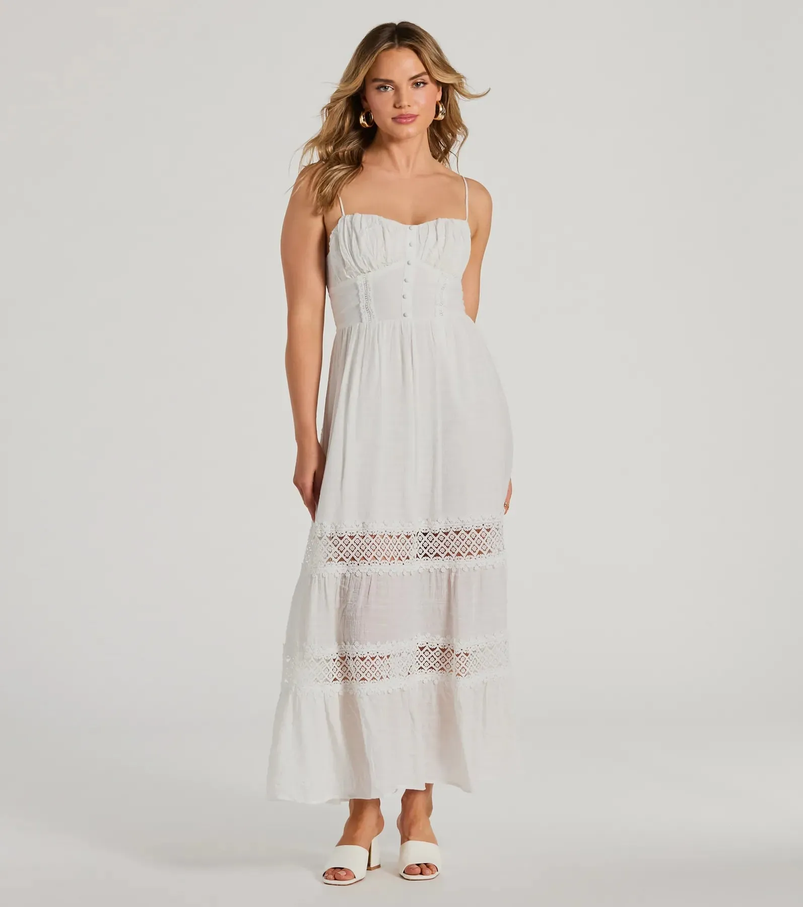 Feel The Romance Sweetheart Button Lace Trim Maxi Dress sold by Windsor