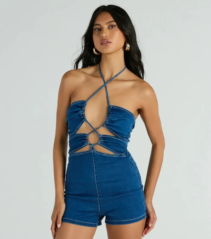 Sunny Season Halter Lace-Up Cutout Denim Romper sold by Windsor