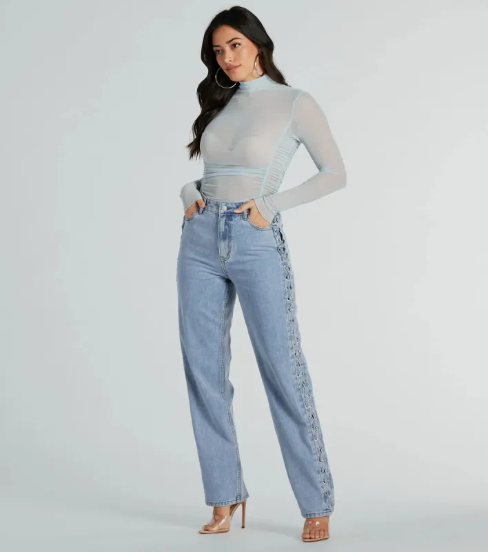 Trendy Business High-Rise Lace-Up Denim Jeans sold by Windsor