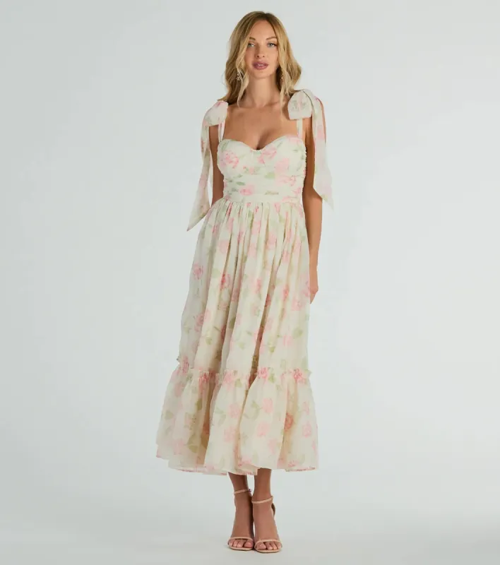 Gretchen Sweetheart Tie Floral Chiffon Midi Dress sold by Windsor