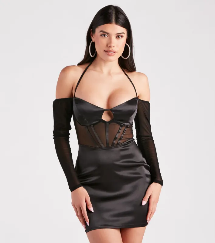 Such A Moment Satin Mesh Corset Mini Dress sold by Windsor