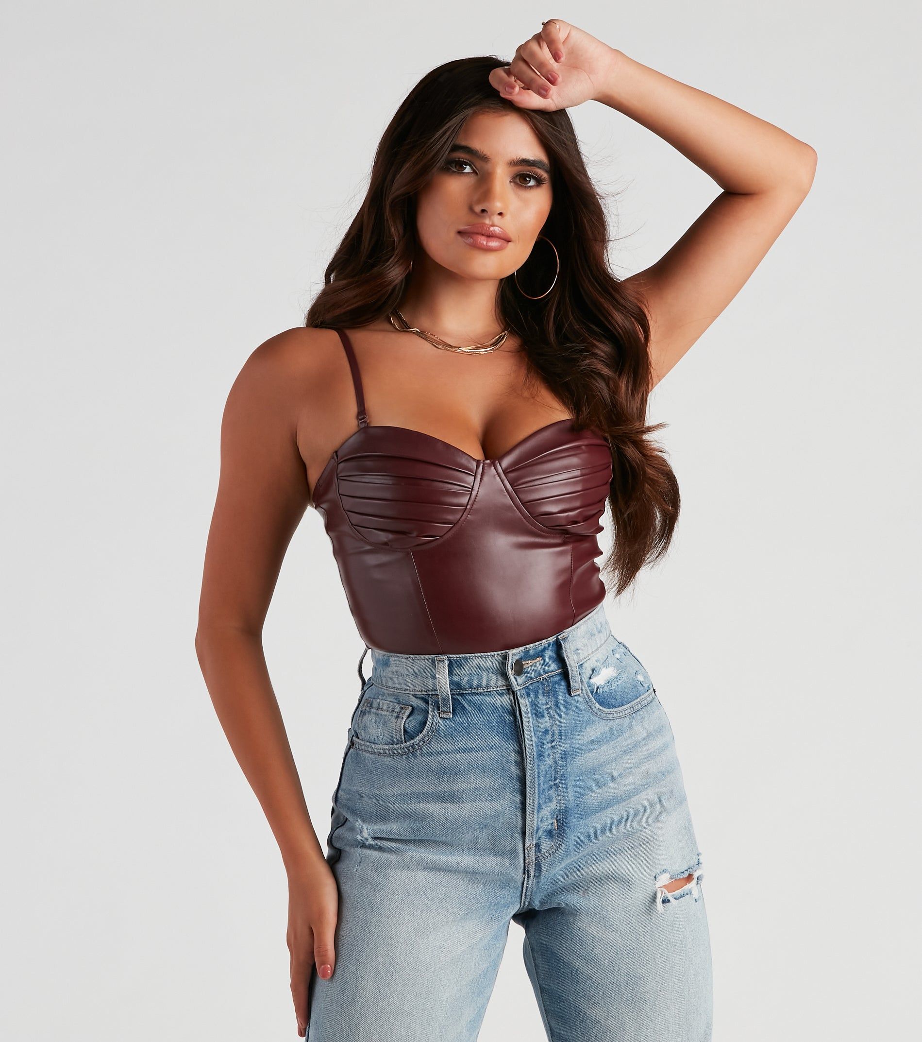 Press Pause Faux Leather Corset Bodysuit sold by Windsor