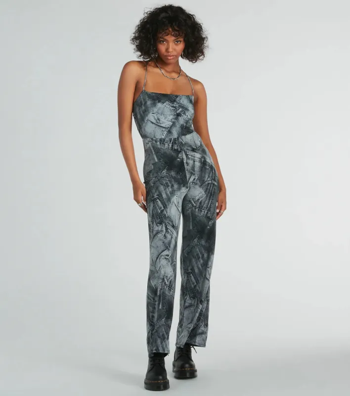 Got Em' Tripping Lace-Up Denim Print Jumpsuit sold by Windsor