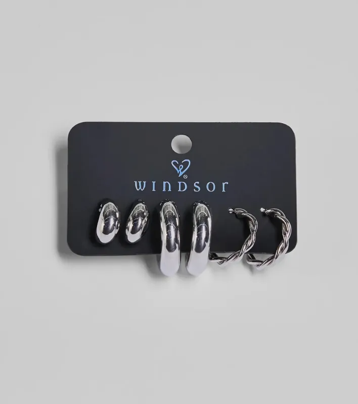 Sleek Deets Three-Pack Hoop Earring Set sold by Windsor