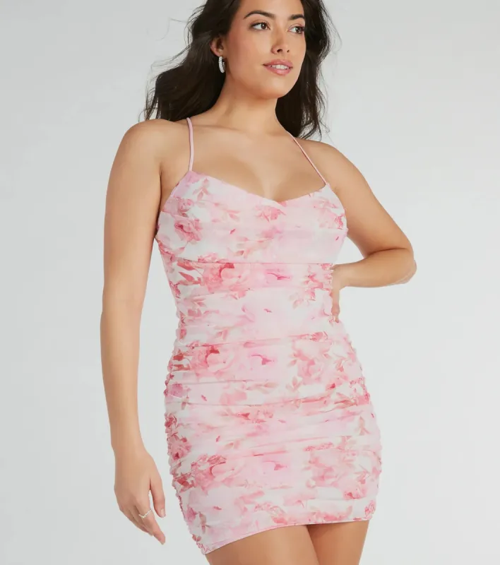 All About You Lace-Up Floral Mesh Mini Dress sold by Windsor