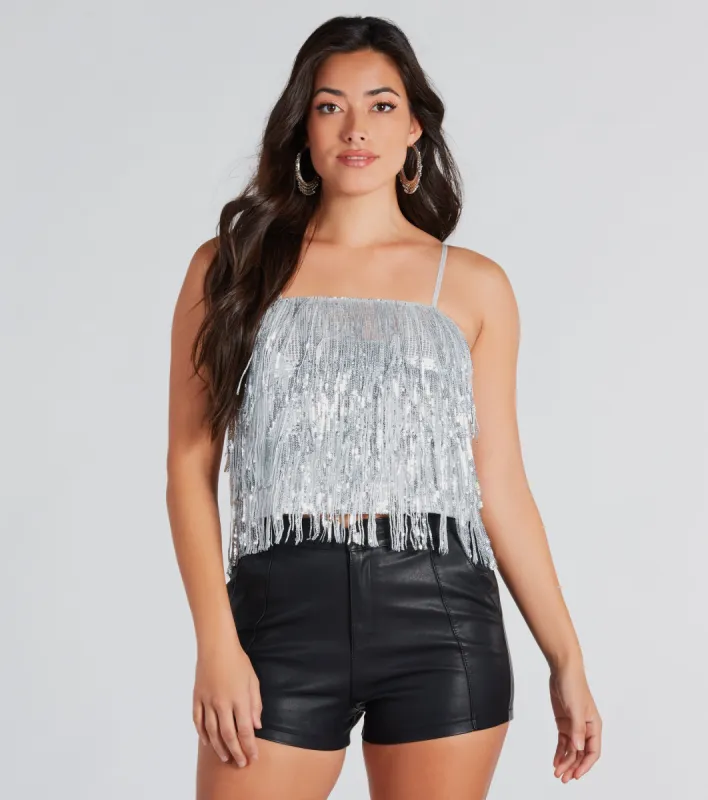 Spotlight Beauty Sequin Fringe Crop Top sold by Windsor