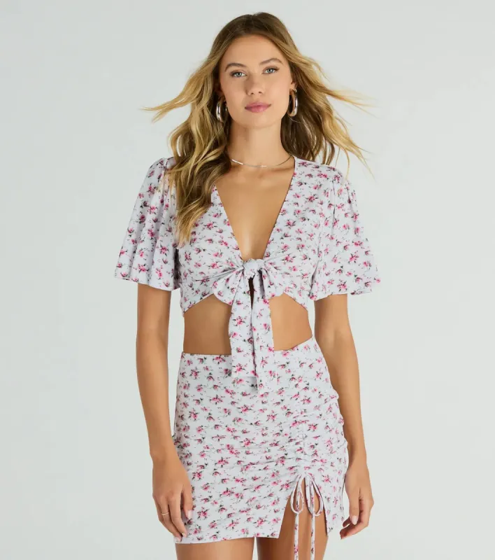 Sweet Flirt Flutter-Sleeve Ditsy Floral Tie-Front Top sold by Windsor