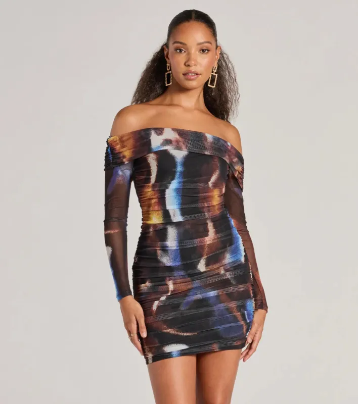 Always On Trend Off-The-Shoulder Abstract Mini Dress sold by Windsor
