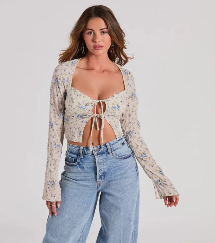 Sweetness Blend Long Sleeve Floral Tie-Front Top sold by Windsor