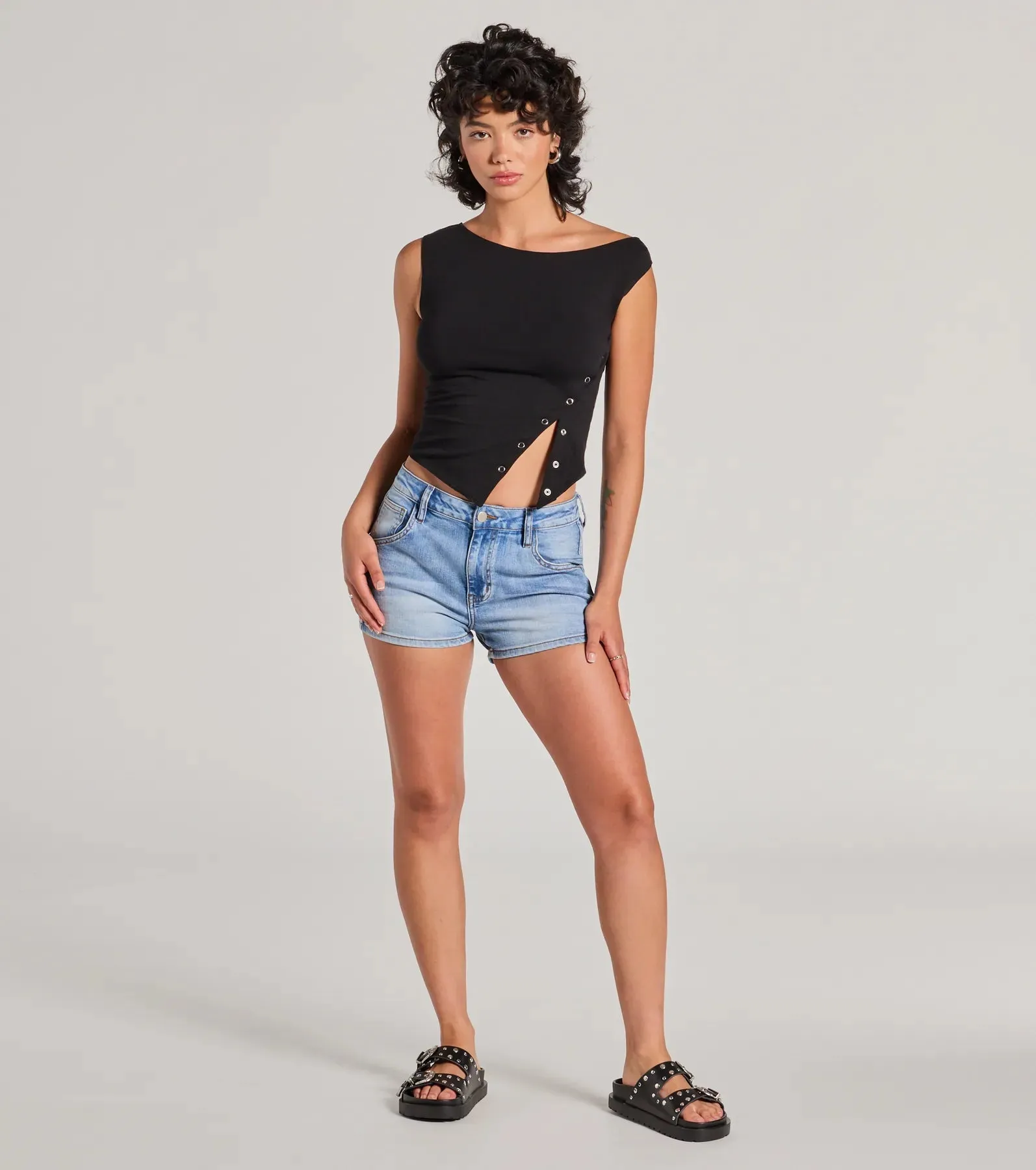 Minimal Aesthetic Off-Shoulder Button Crop Top sold by Windsor product image thumbnail 2