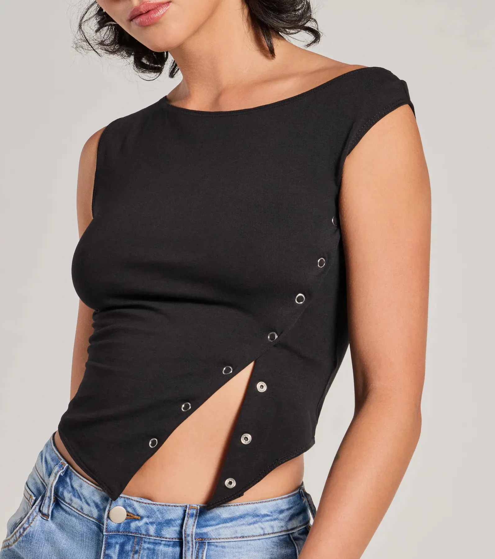 Minimal Aesthetic Off-Shoulder Button Crop Top sold by Windsor product image thumbnail 4
