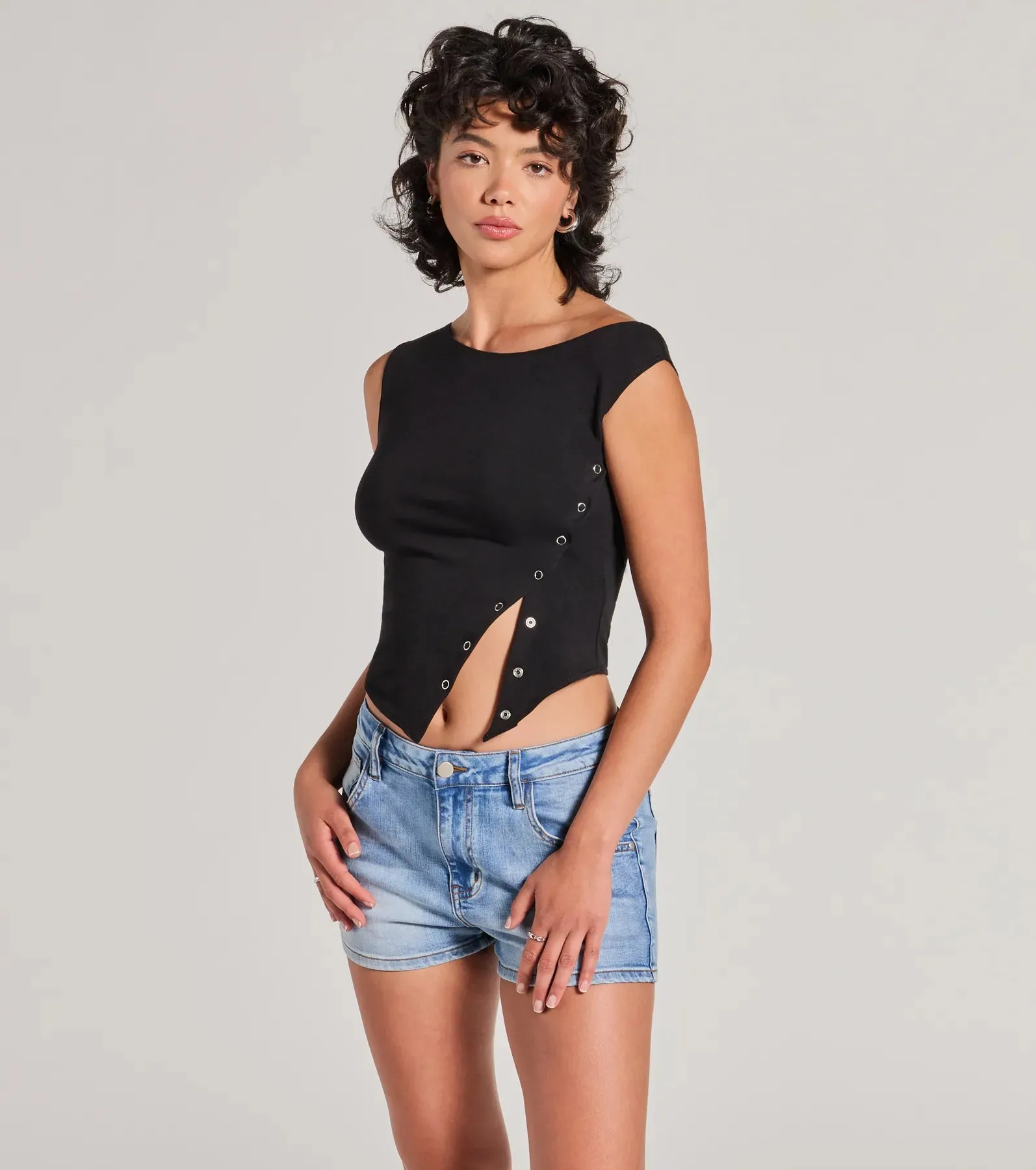 Minimal Aesthetic Off-Shoulder Button Crop Top sold by Windsor