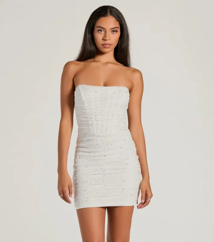 Glam Era Rhinestone And Pearl Strapless Mini Dress sold by Windsor