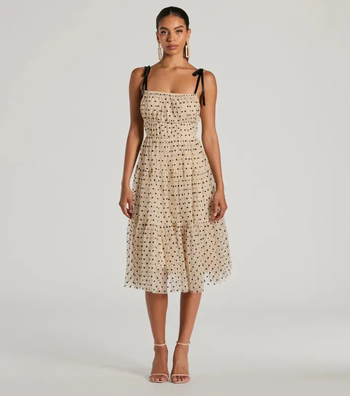 Timeless Look Bow Strap Polka Dot Tulle Midi Dress sold by Windsor