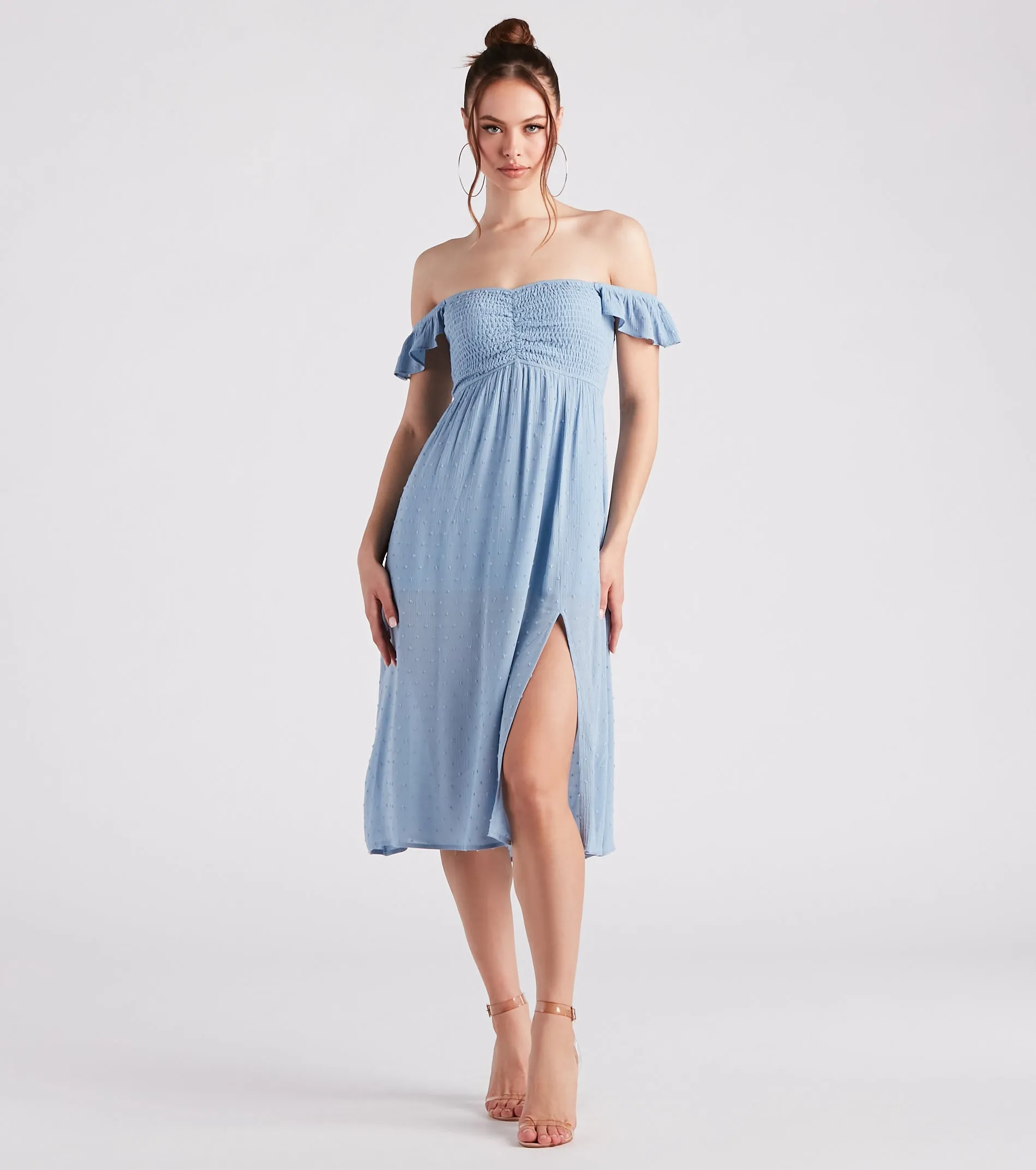 Just Peachy Keen Off-The-Shoulder Midi Dress sold by Windsor