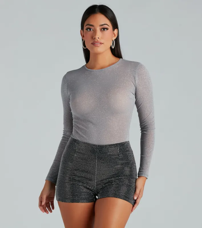 Center Stage Glitter Mesh Long Sleeve Bodysuit sold by Windsor