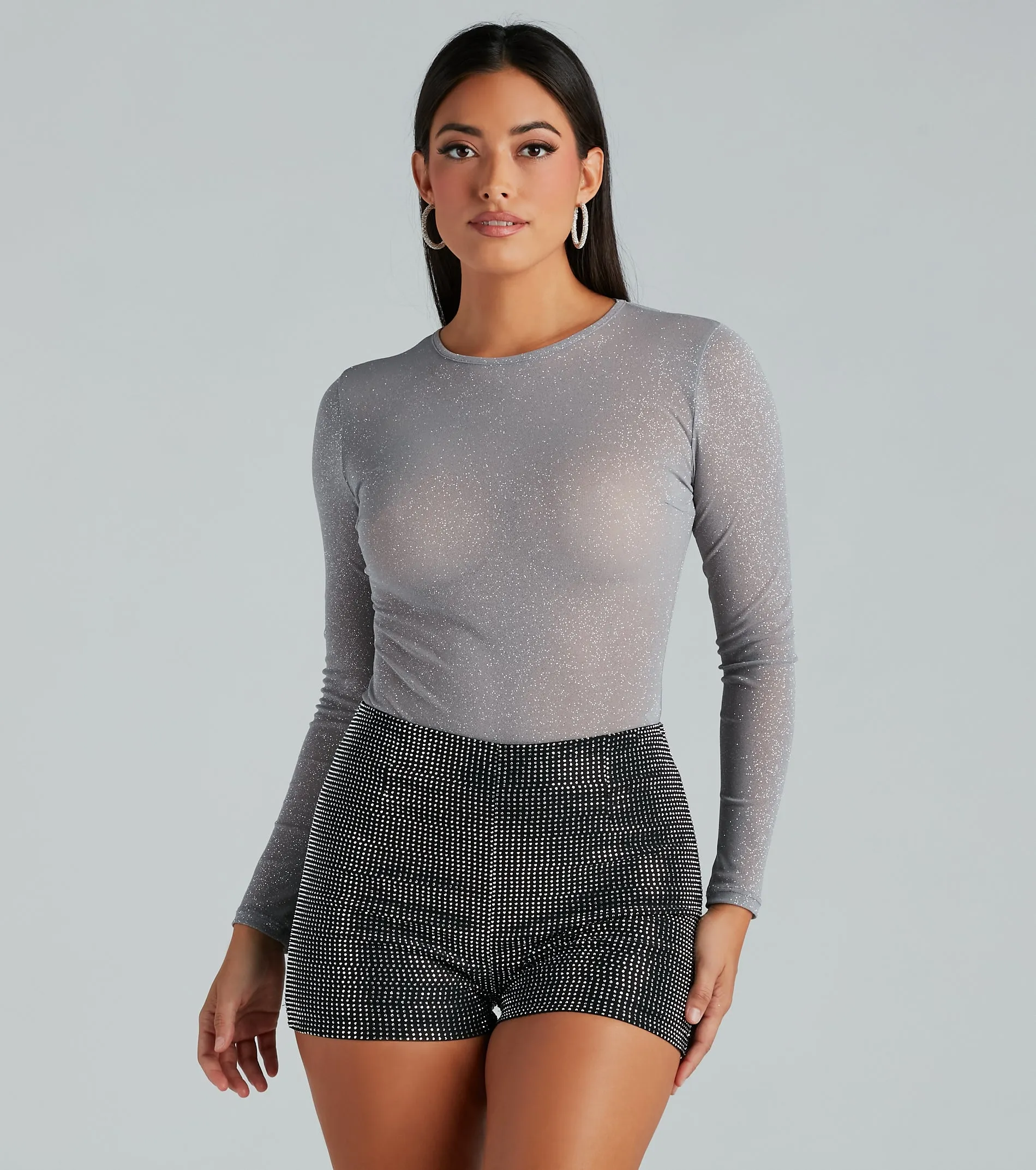 Center Stage Glitter Mesh Long Sleeve Bodysuit sold by Windsor