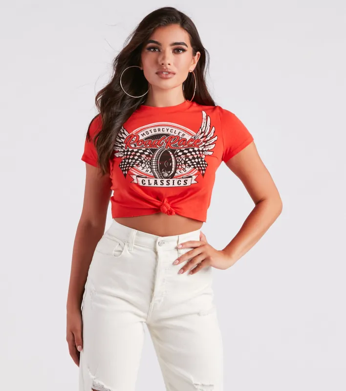 Moto Babe Graphic Knot Tie Crop Tee sold by Windsor