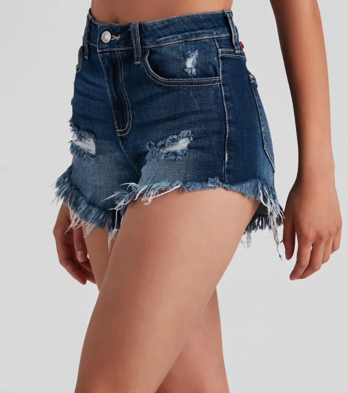 On Edge High Rise Fray Denim Shorts sold by Windsor