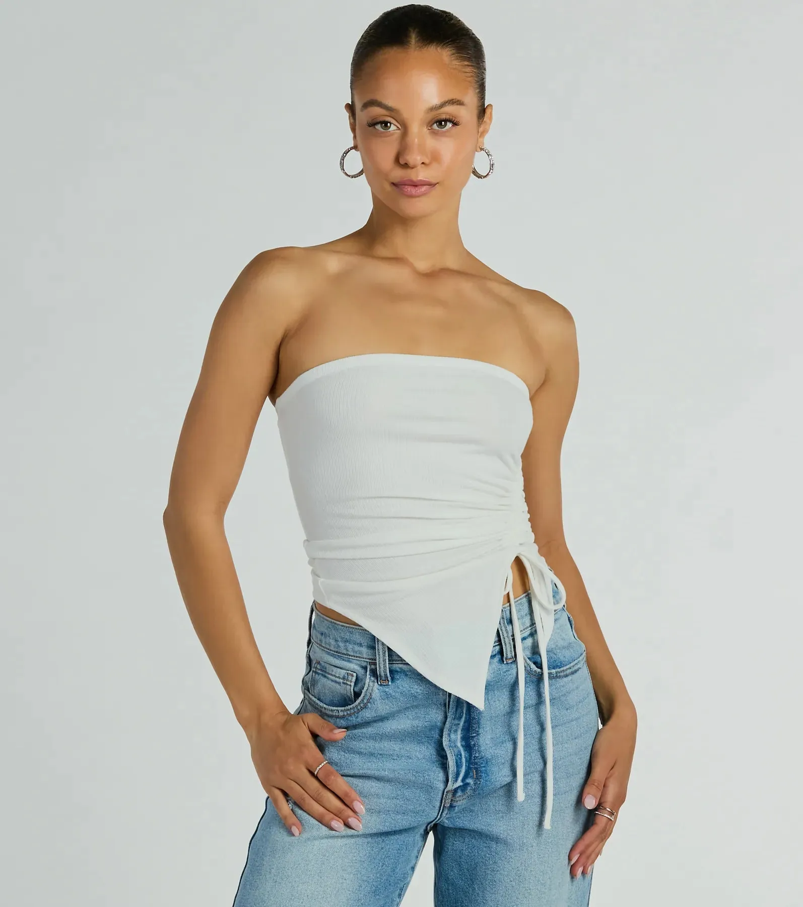 Easy Attention Strapless Slit Crop Top sold by Windsor