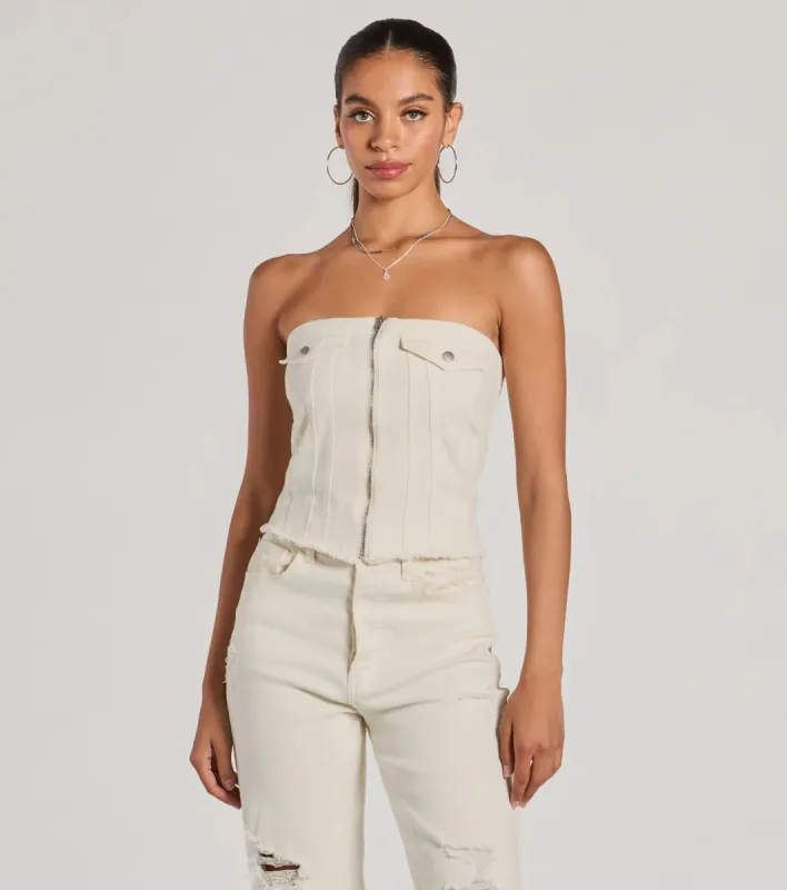 The Cutest Strapless Zip Front Denim Crop Top sold by Windsor