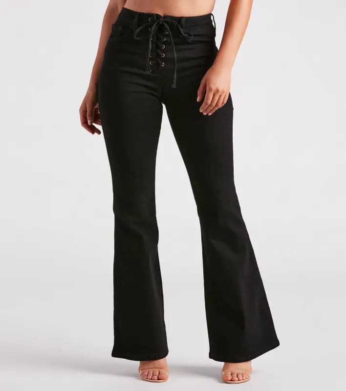 PLACEHOLDER - Bri High-Rise Lace-Up Flare Jeans By Windsor Denim sold by Windsor