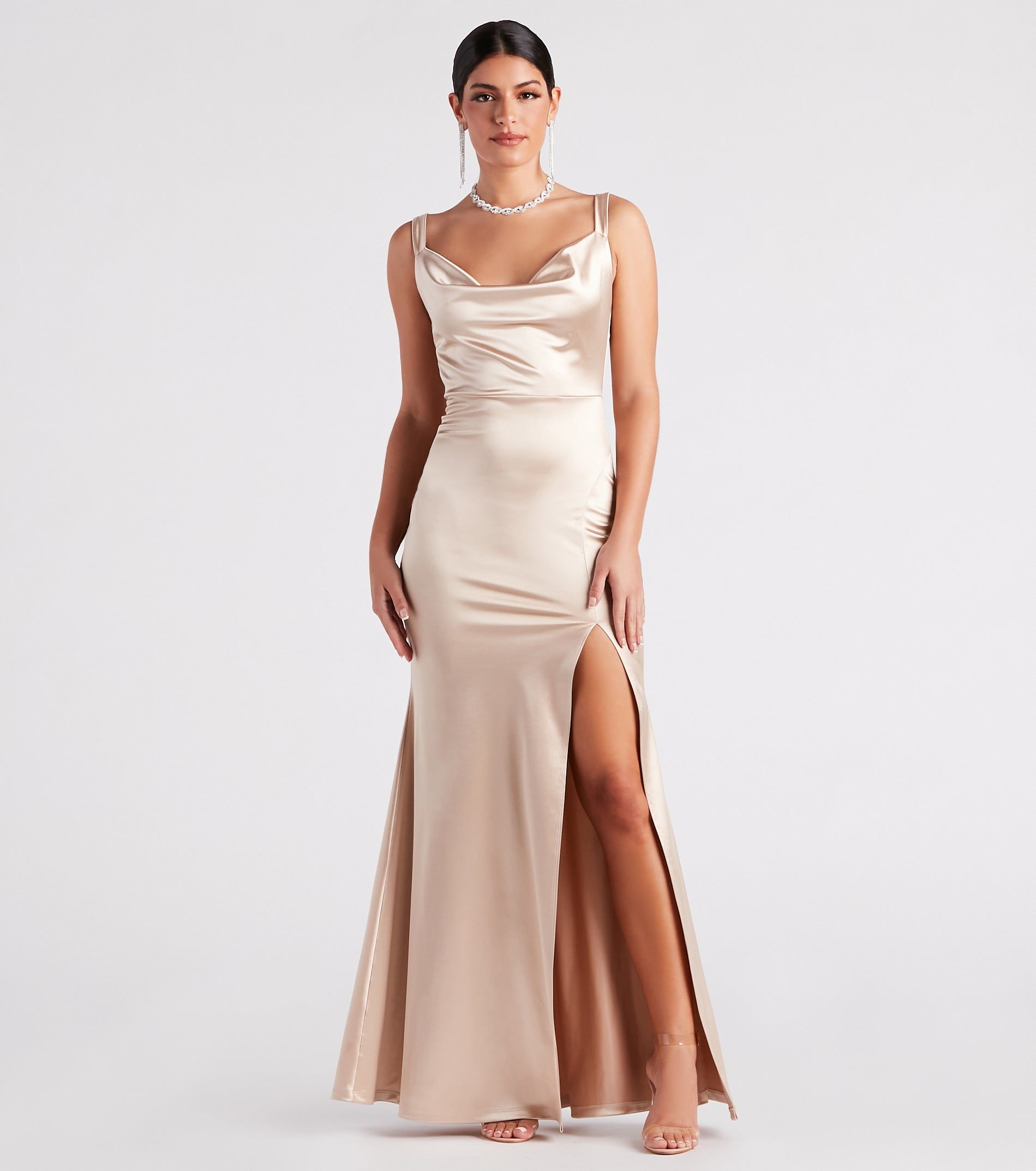 Kaylani Formal Satin Cowl Neck Long Dress sold by Windsor