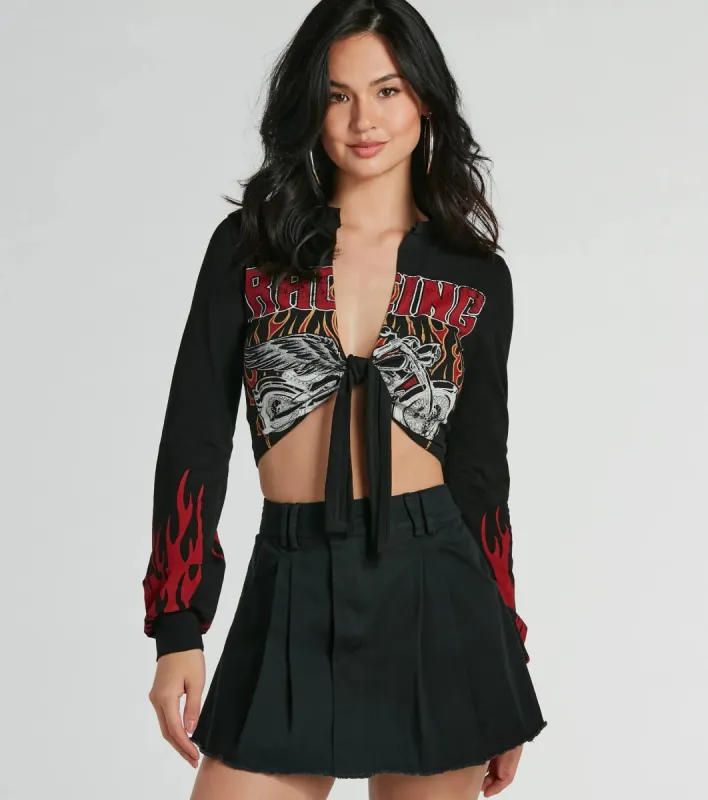 Flame Racer Tie-Front Graphic Crop Top sold by Windsor