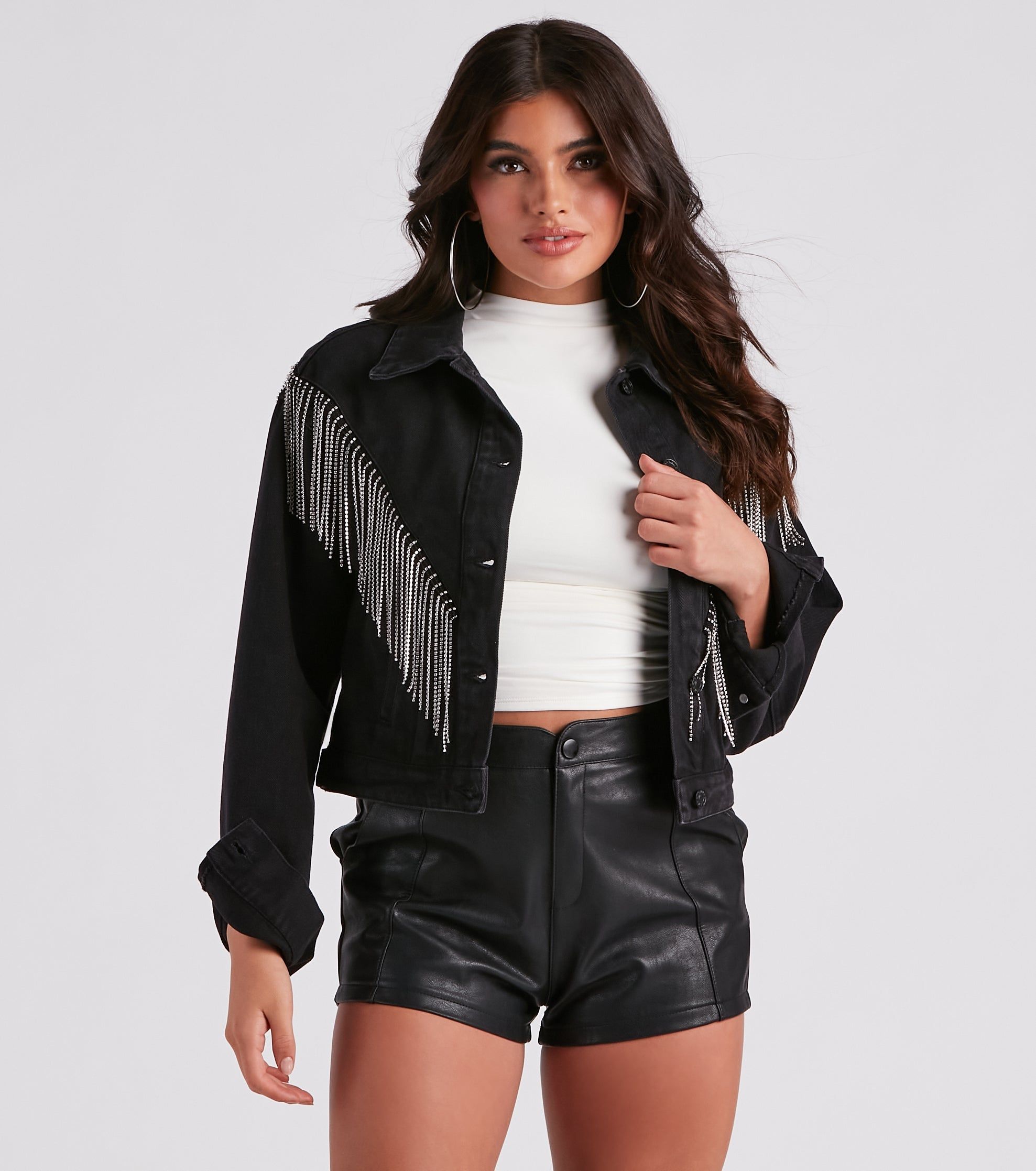 PLACEHOLDER - Rocker-Chic Rhinestone Fringe Denim Jacket sold by Windsor