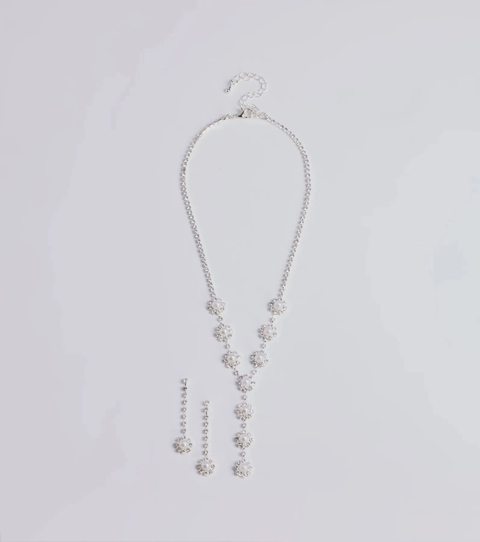 Truly Glam Rhinestone and Pearl Lariat Necklace Set sold by Windsor