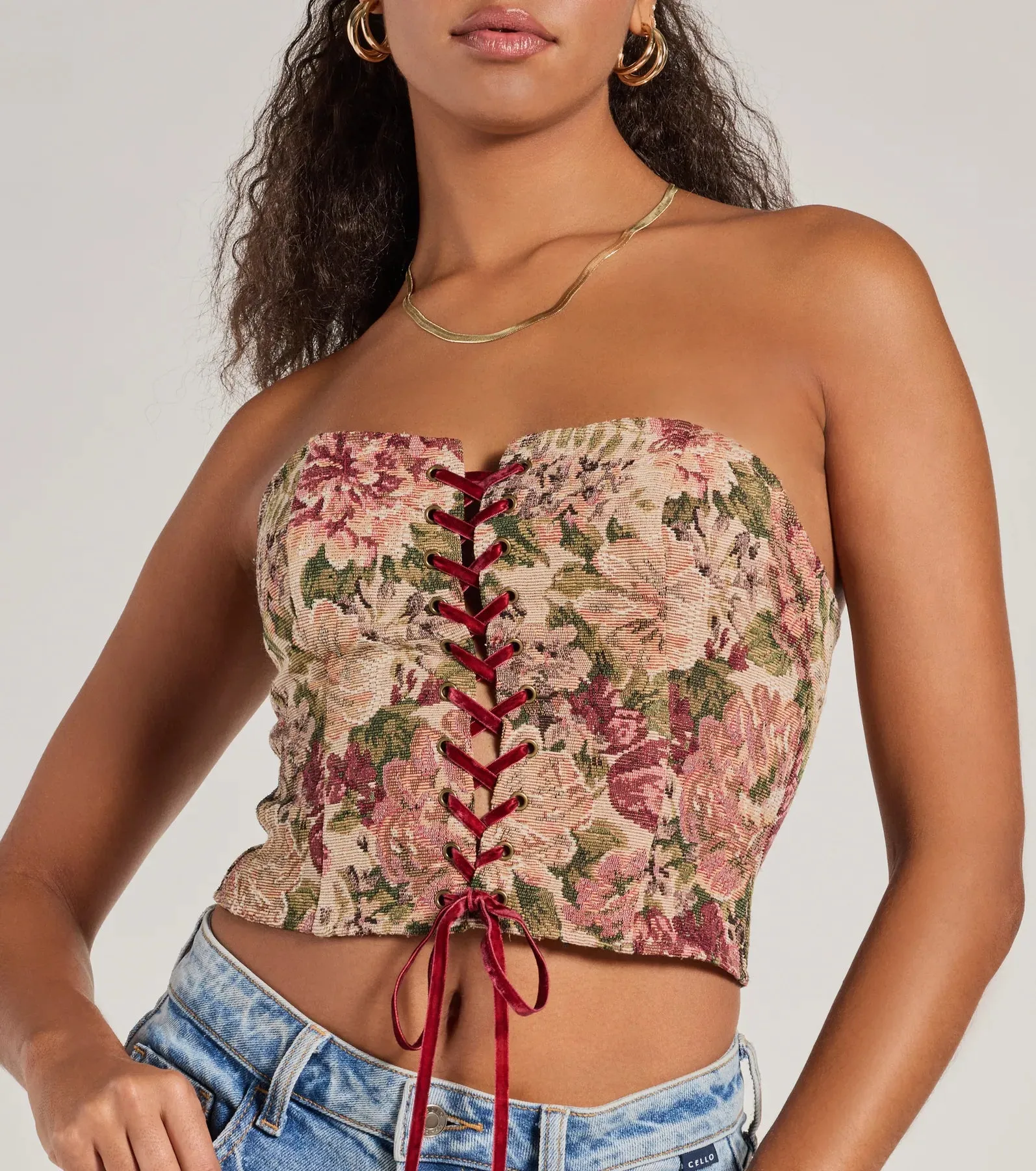 Blooming Beauty Tapestry Lace-Up Cropped Corset Top sold by Windsor product image thumbnail 3