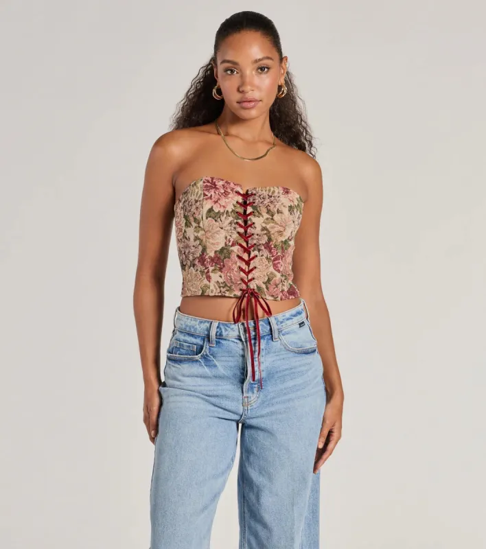 Blooming Beauty Tapestry Lace-Up Cropped Corset Top sold by Windsor