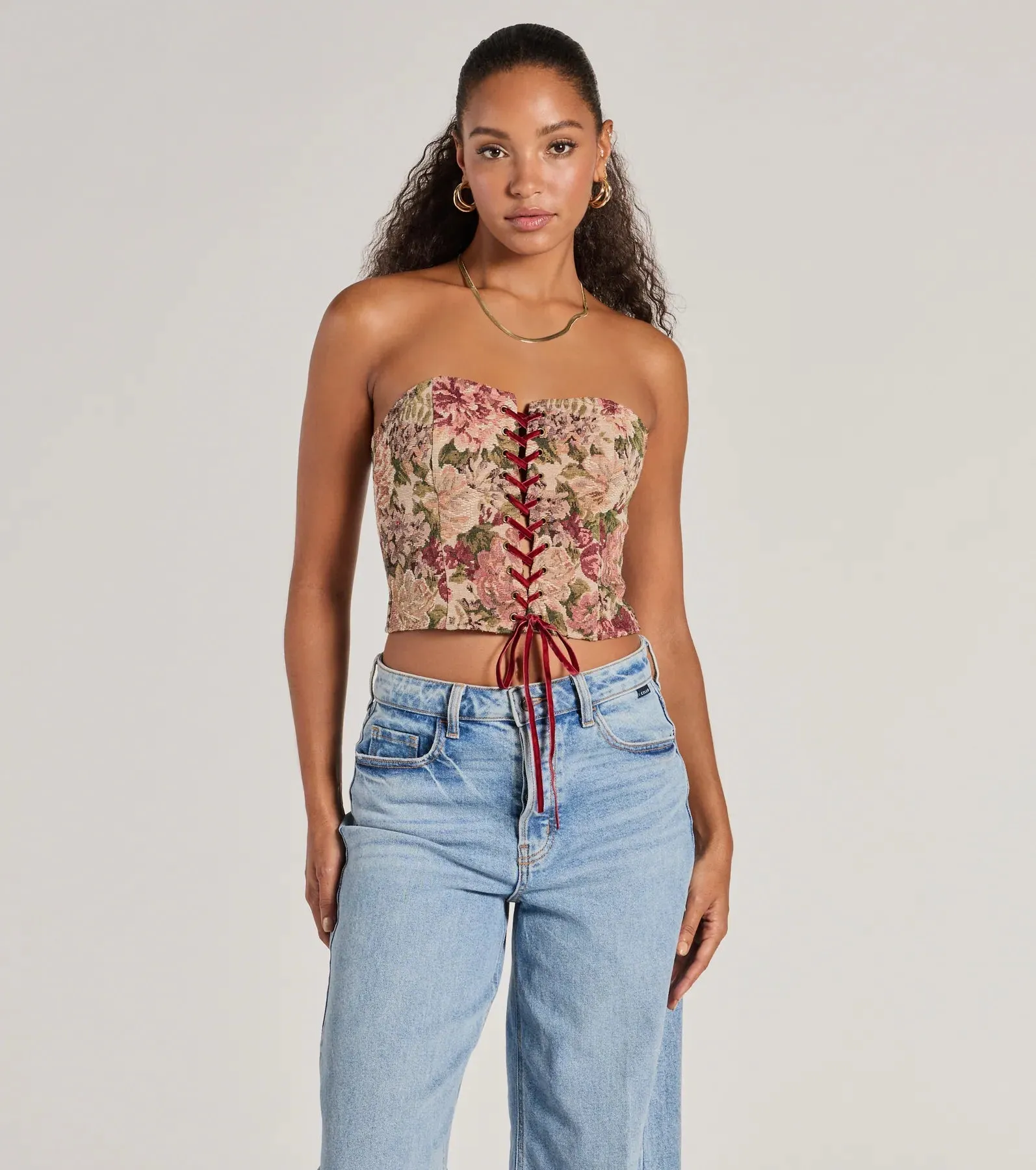 Blooming Beauty Tapestry Lace-Up Cropped Corset Top sold by Windsor