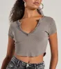 Girl Next Door Ribbed Knit Henley Crop Top sold by Windsor