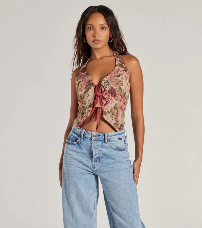 Adore You Floral Tapestry Lace Up Vest sold by Windsor