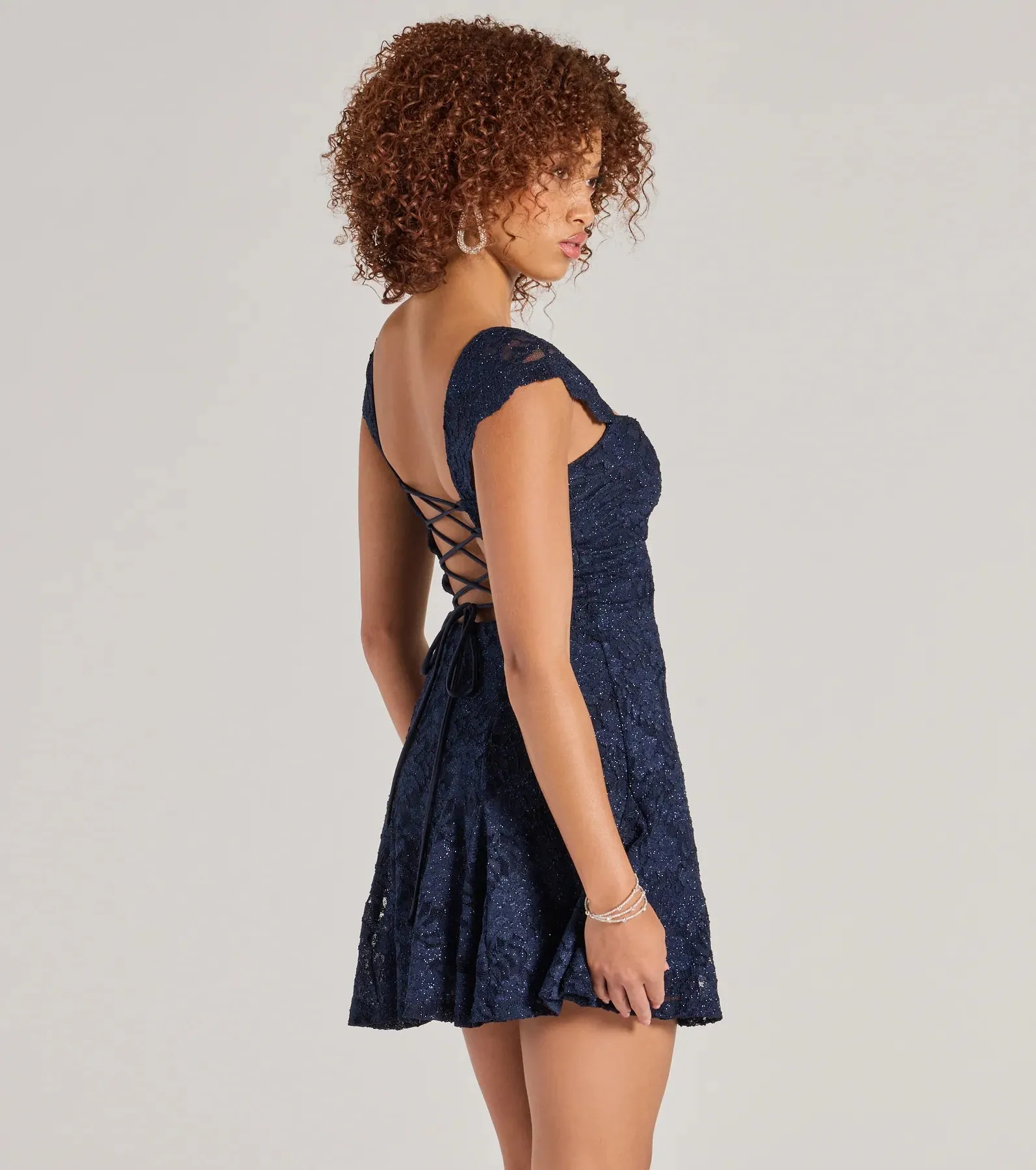 Ayzel Lace-Up A-Line Glitter Lace Dress sold by Windsor product image thumbnail 2