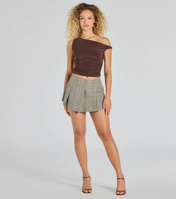 So Poised Plaid Pleated Mini Skirt sold by Windsor