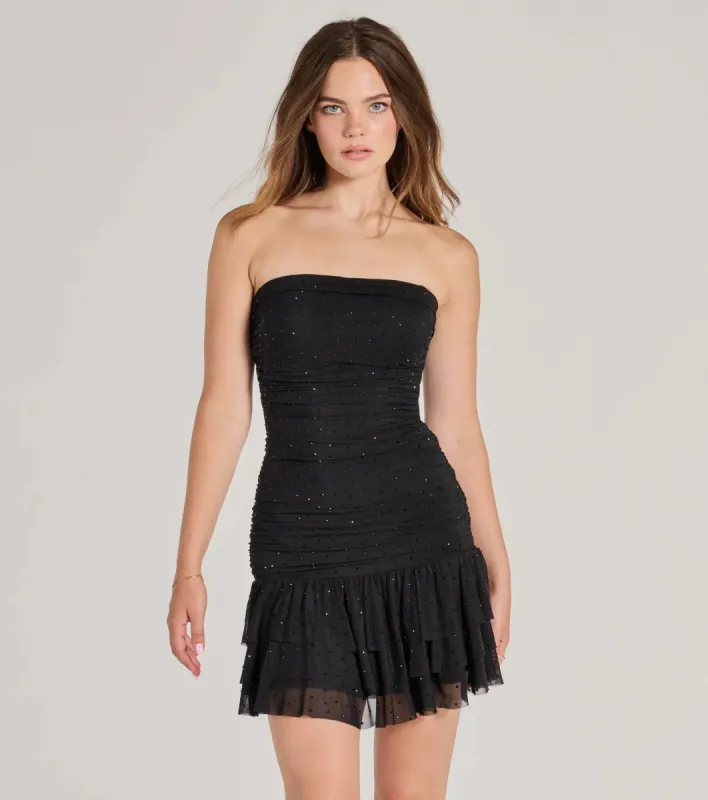 Trendy-Glam Rhinestone Mesh Drop Waist Mini Dress sold by Windsor