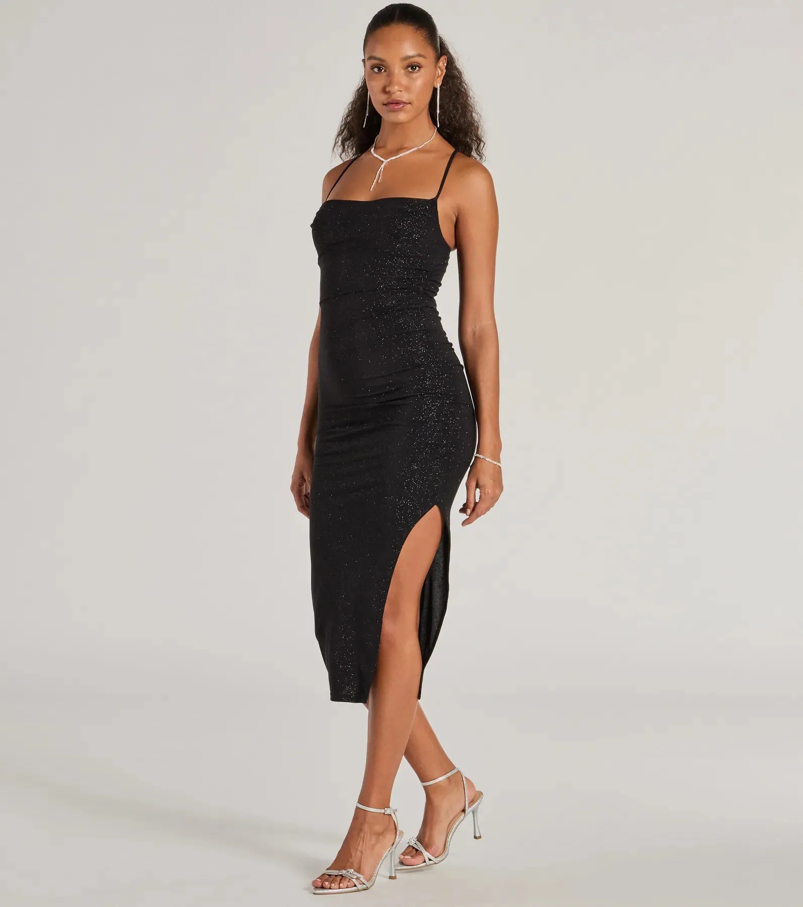 Classic Glam Glitter Knit High Slit Midi Dress sold by Windsor product image thumbnail 4