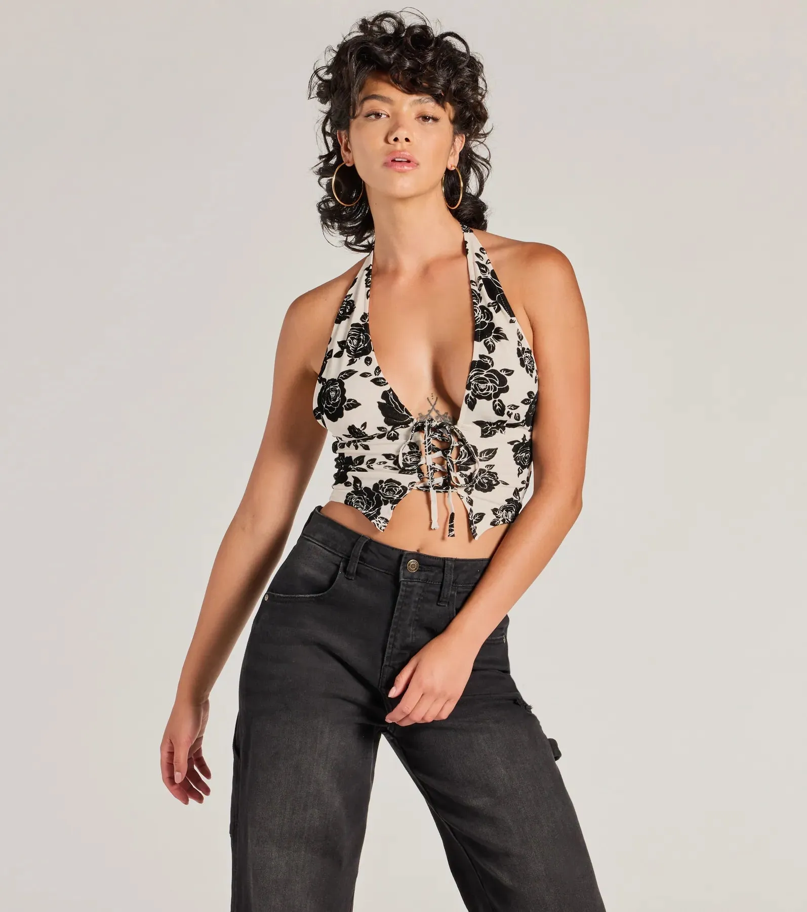 Love For Chic Flocked Floral Halter Crop Top sold by Windsor