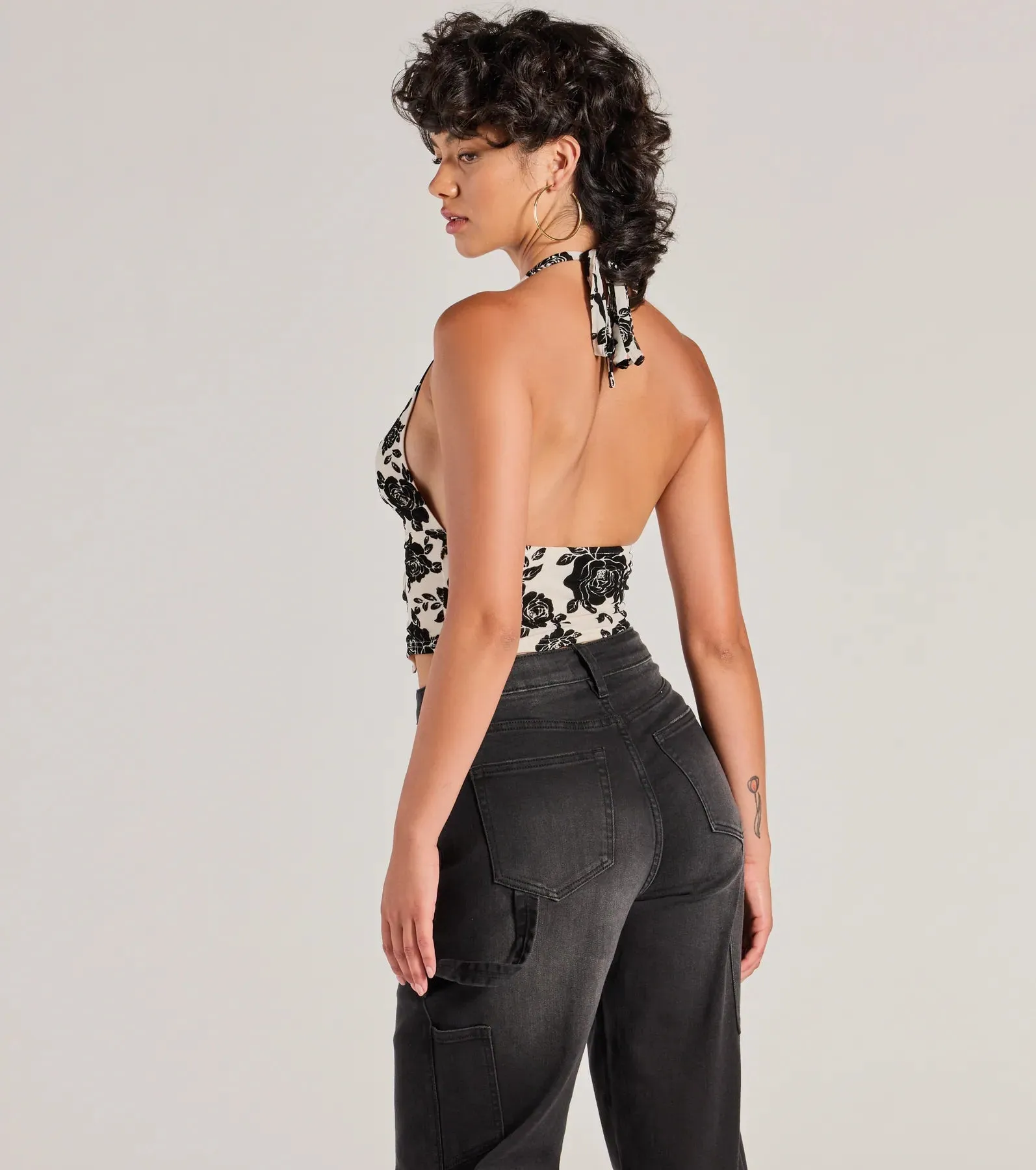 Love For Chic Flocked Floral Halter Crop Top sold by Windsor product image thumbnail 2