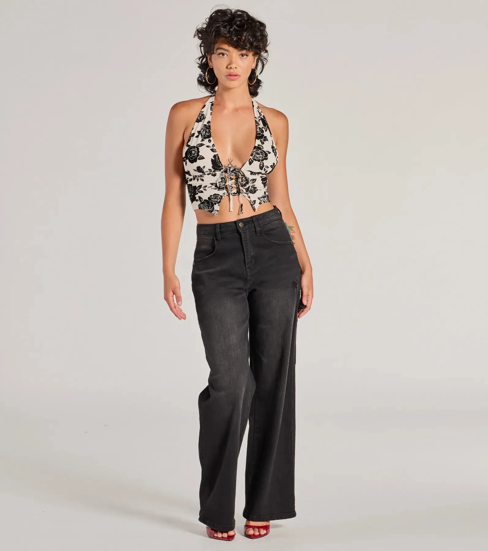 Love For Chic Flocked Floral Halter Crop Top sold by Windsor product image thumbnail 3