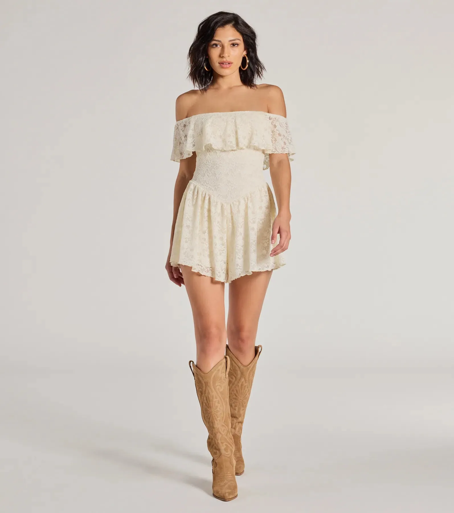 Boho Lace Off-The-Shoulder Drop Waist Romper sold by Windsor product image thumbnail 3