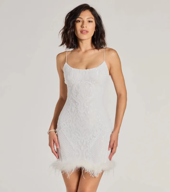 Adelina Feather Trim Sequin Mini Dress sold by Windsor