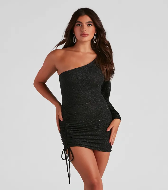 Evening Of Sparkle Balloon Sleeve Ruche Mini Dress sold by Windsor