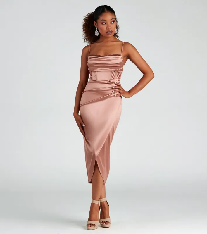 Margaret Formal Satin Wrap Midi Dress sold by Windsor