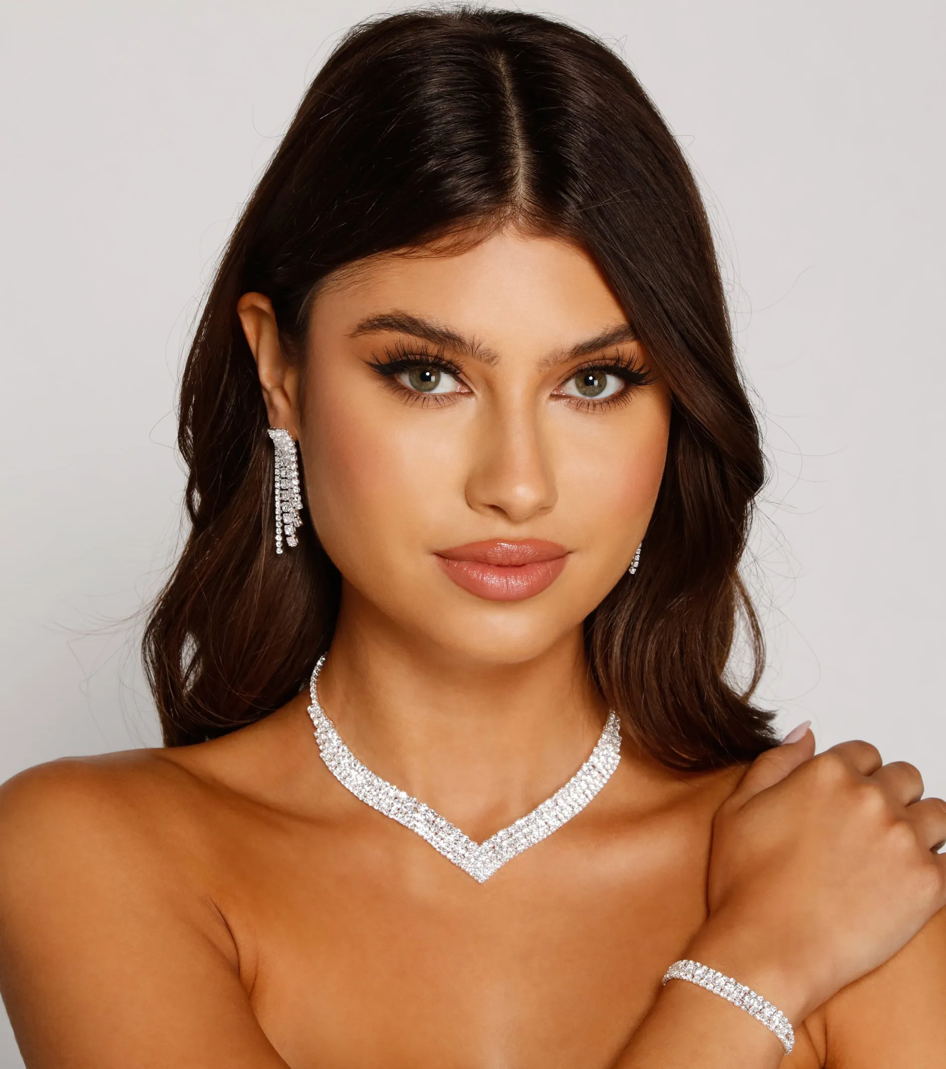 Rhinestone Collar, Duster Earrings, And Bracelet Set sold by Windsor