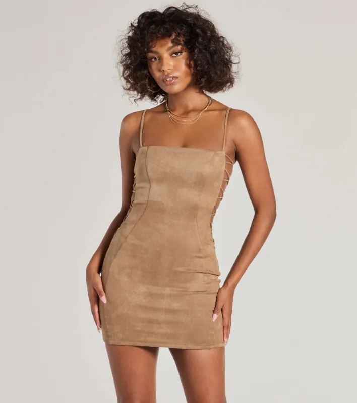 Alluring Moment Faux Suede Lattice Cutout Mini Dress sold by Windsor