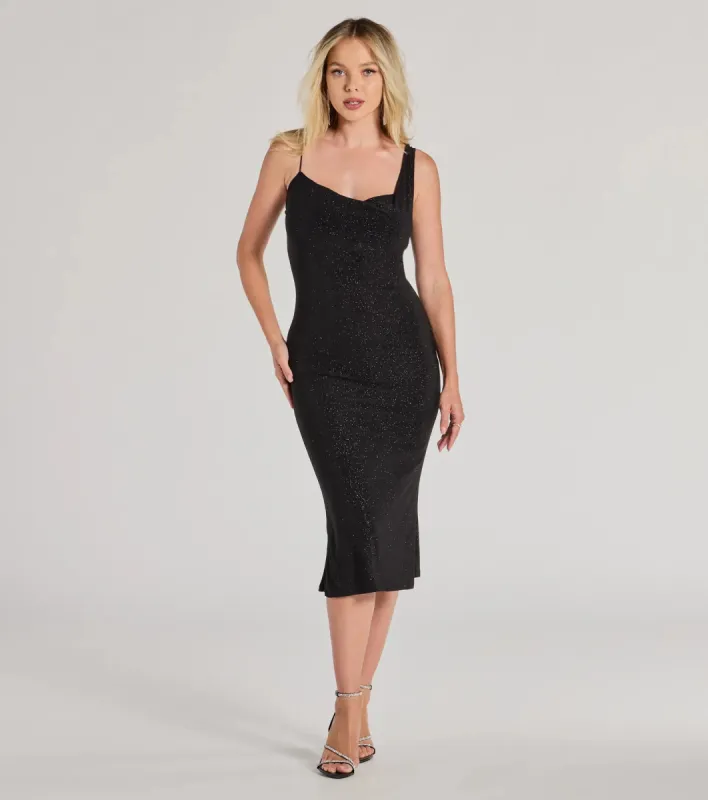 Shimmering Nights Cowl Neck Glitter Midi Dress sold by Windsor