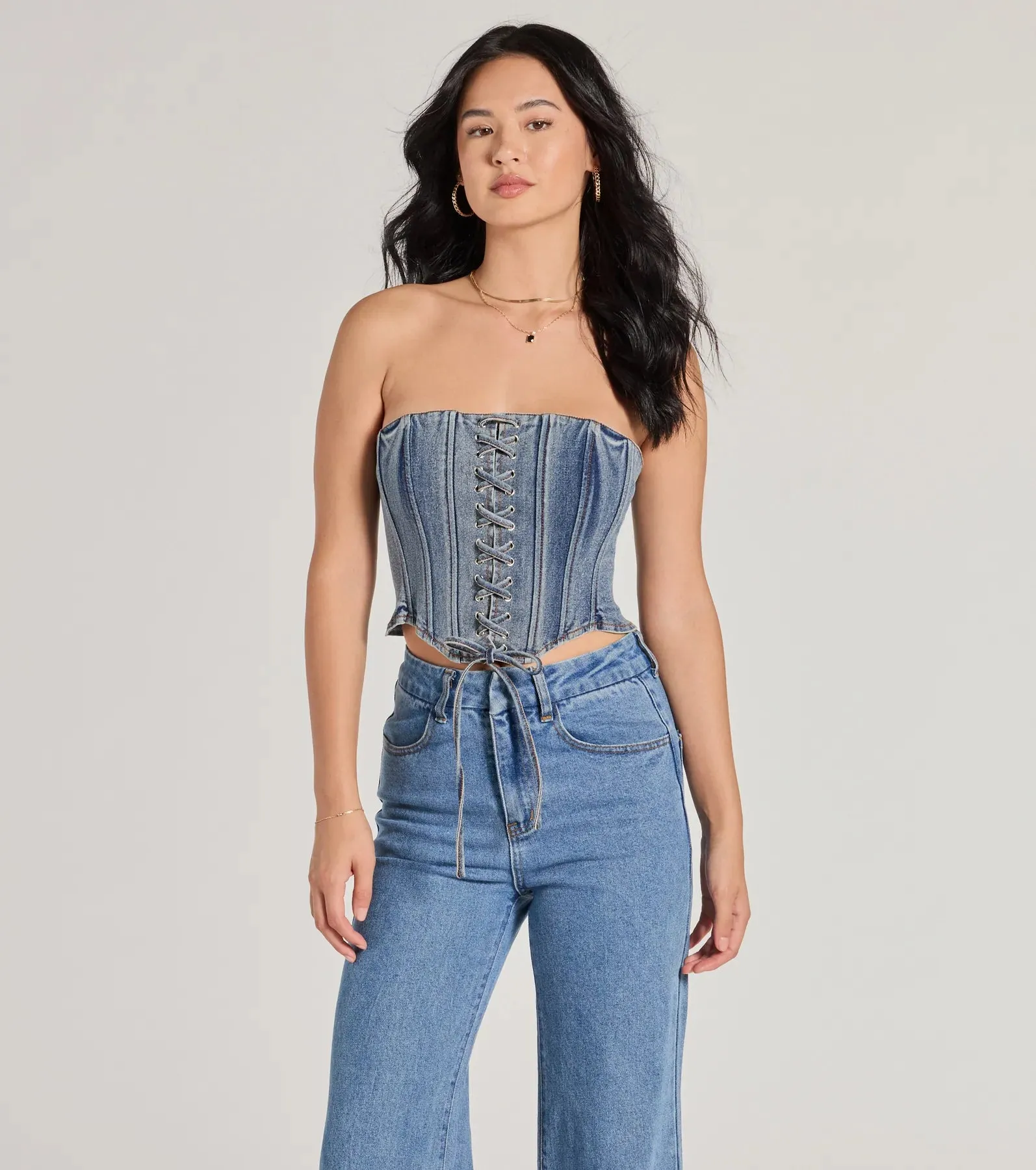Trendy Style Lace-Up Denim Corset Top sold by Windsor